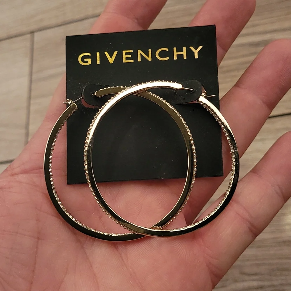 GIVENCHY Silver Gold‎ Color Loop Diamond Interior Womens Jewelry Earrings NEW